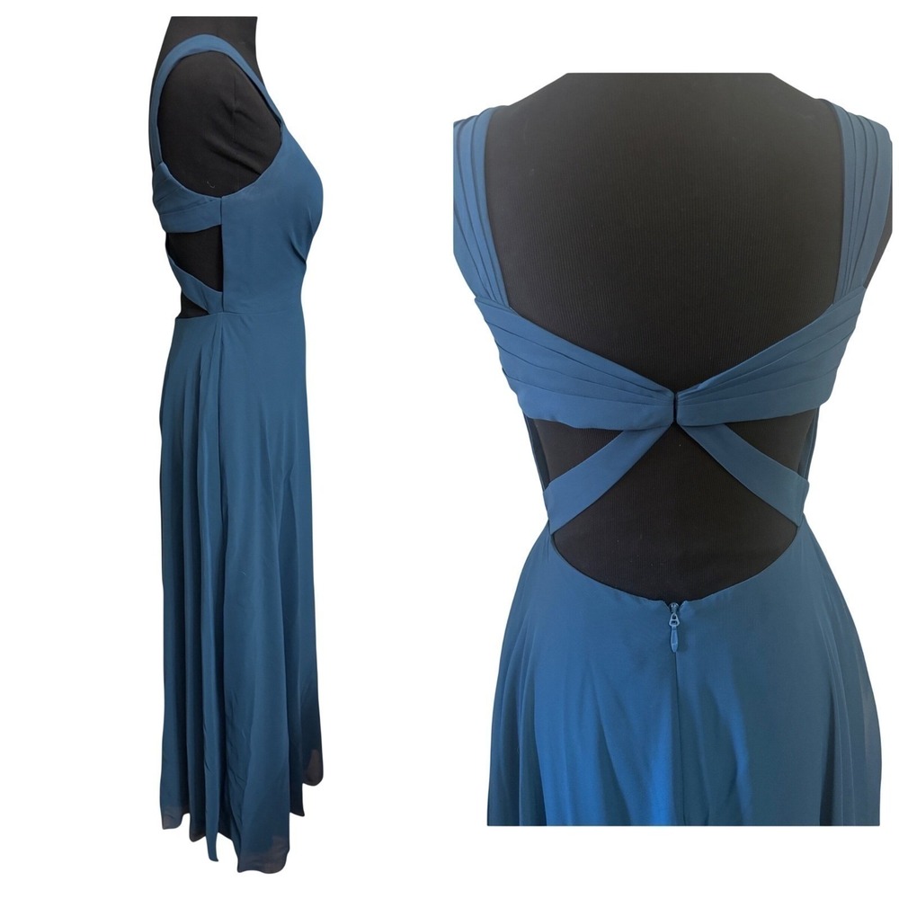 Azazie Nahrin Blue Chiffon V-Neck Open Back Pleated Maxi Bridesmaid Dress Size 4 - Picture 7 of 7
